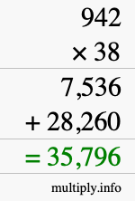 How to calculate 942 times 38 using long multiplication