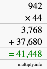 How to calculate 942 times 44 using long multiplication