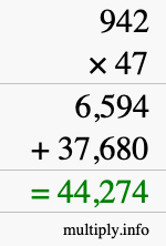 How to calculate 942 times 47 using long multiplication