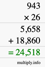 How to calculate 943 times 26 using long multiplication