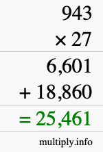 How to calculate 943 times 27 using long multiplication