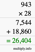 How to calculate 943 times 28 using long multiplication