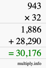 How to calculate 943 times 32 using long multiplication
