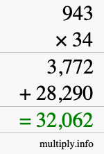 How to calculate 943 times 34 using long multiplication