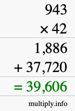 How to calculate 943 times 42 using long multiplication