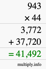 How to calculate 943 times 44 using long multiplication