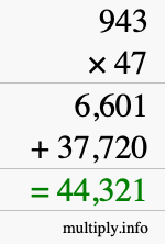 How to calculate 943 times 47 using long multiplication