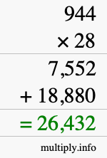 How to calculate 944 times 28 using long multiplication