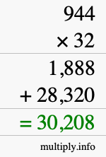 How to calculate 944 times 32 using long multiplication