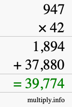 How to calculate 947 times 42 using long multiplication