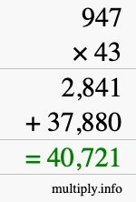 How to calculate 947 times 43 using long multiplication