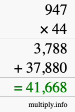 How to calculate 947 times 44 using long multiplication