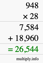 How to calculate 948 times 28 using long multiplication