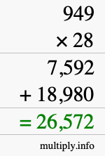 How to calculate 949 times 28 using long multiplication