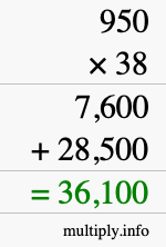 How to calculate 950 times 38 using long multiplication
