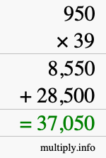 How to calculate 950 times 39 using long multiplication