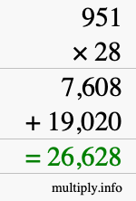 How to calculate 951 times 28 using long multiplication