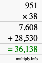 How to calculate 951 times 38 using long multiplication