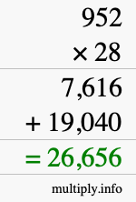 How to calculate 952 times 28 using long multiplication