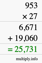 How to calculate 953 times 27 using long multiplication