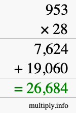 How to calculate 953 times 28 using long multiplication