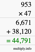 How to calculate 953 times 47 using long multiplication