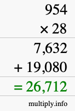 How to calculate 954 times 28 using long multiplication