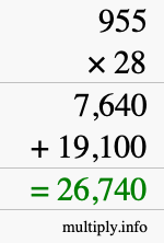 How to calculate 955 times 28 using long multiplication
