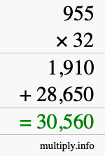 How to calculate 955 times 32 using long multiplication