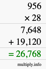 How to calculate 956 times 28 using long multiplication
