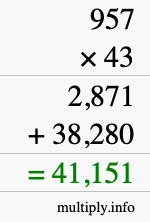 How to calculate 957 times 43 using long multiplication