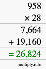 How to calculate 958 times 28 using long multiplication