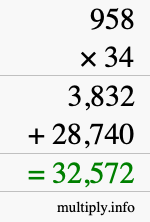 How to calculate 958 times 34 using long multiplication