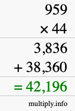 How to calculate 959 times 44 using long multiplication