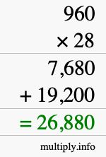 How to calculate 960 times 28 using long multiplication