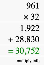 How to calculate 961 times 32 using long multiplication