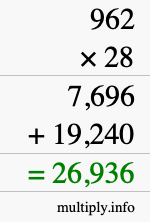 How to calculate 962 times 28 using long multiplication
