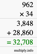 How to calculate 962 times 34 using long multiplication