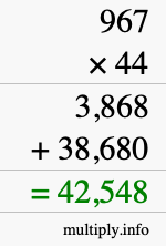 How to calculate 967 times 44 using long multiplication