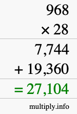 How to calculate 968 times 28 using long multiplication