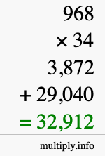 How to calculate 968 times 34 using long multiplication