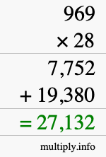 How to calculate 969 times 28 using long multiplication