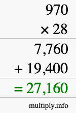 How to calculate 970 times 28 using long multiplication