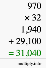How to calculate 970 times 32 using long multiplication