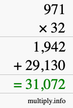 How to calculate 971 times 32 using long multiplication