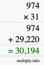 How to calculate 974 times 31 using long multiplication