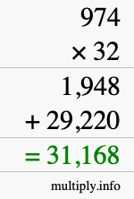 How to calculate 974 times 32 using long multiplication