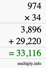 How to calculate 974 times 34 using long multiplication