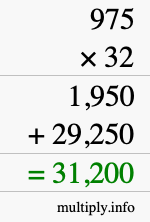 How to calculate 975 times 32 using long multiplication