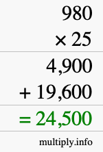 How to calculate 980 times 25 using long multiplication How to calculate 980 times 25 using long multiplication